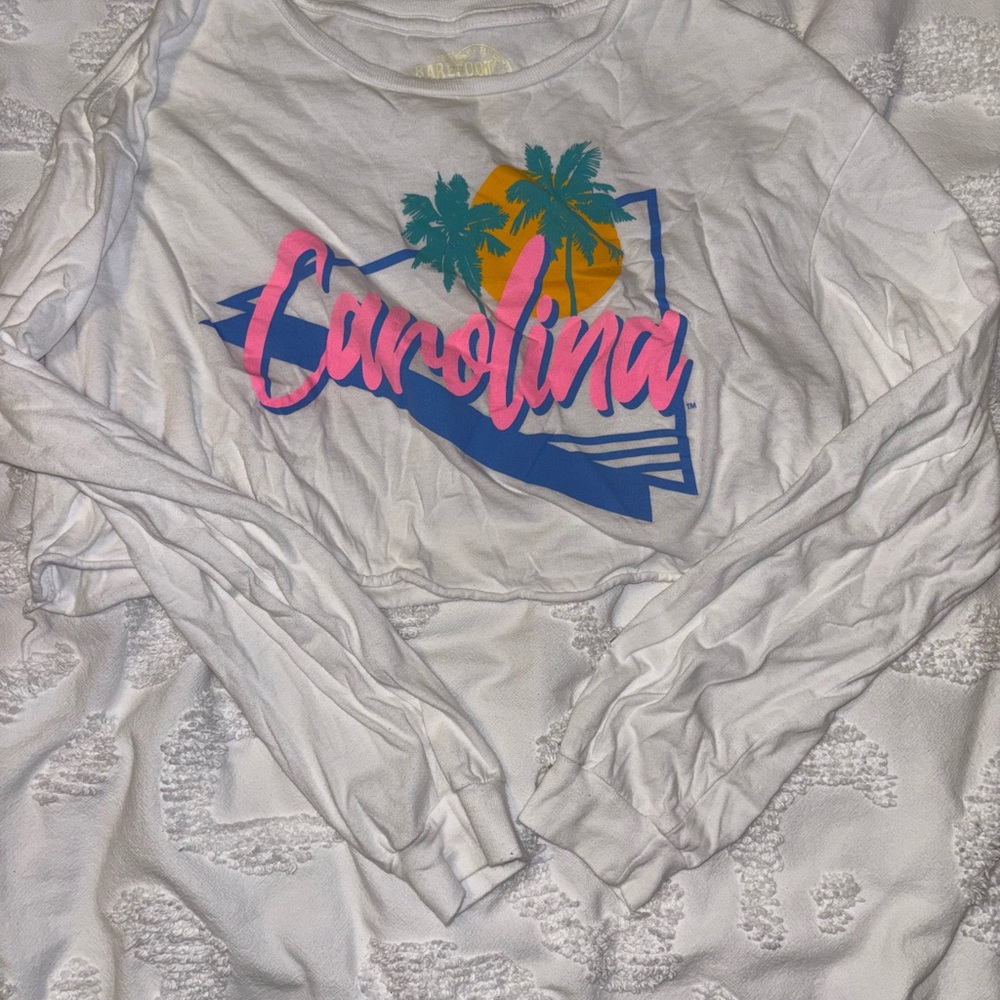 Carolina Palm Graphic Long Sleeve Tee - White with Pink, Blue & Yellow Print
